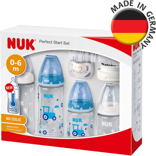 Kit de biberones con control de temperatura NUK Perfect Start First Choice+ - 10 artículos AZUL