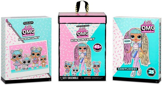 L.O.L Surpresa OMG Bon Bon Família com mais de 45 surpresas, incluindo Candylicious OMG Doll, Bon Bon, Bling Bon Bon, Lil Bon Bon, Hop Hop, Acessórios e Playset Dobrável
