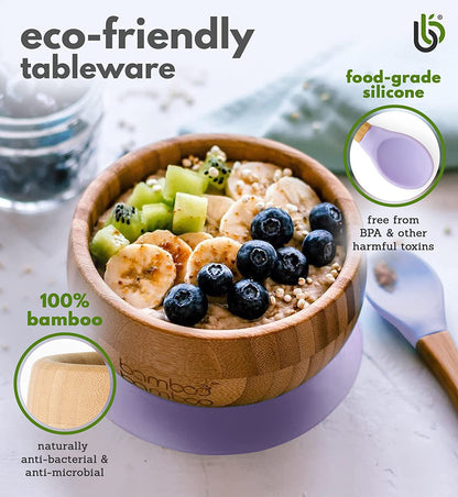 bamboo bamboo de Sucção Tigela para Bebê de Bambu de Colher e Tigela Conjunto com Ventosa de Silicone Removível para Crianças | 350ml | Não Tóxico | Legal ao toque | Ideal para Baby-Led Weaning
