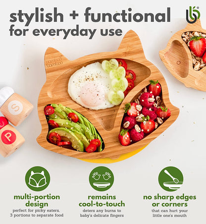 bamboo bamboo Placa de Bambu para Bebês – Crianças e Crianças com Ventosa para Bebês | Não Tóxico | Legal ao toque | Ideal para Baby-Led Weaning (Fox, Verde)