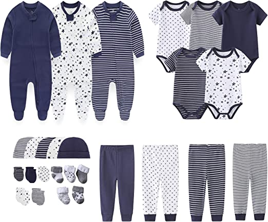 MAMIMAKA recém-nascido de enxoval com para presente 27 peças Conjunto, roupas para bebês, macacões, calças essenciais e acessórios de 0 a 6 meses