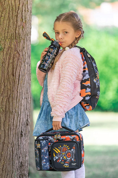 Fringoo - de grande capacidade crianças de almoço quadrado para Saco| Pequena bolsa legal lancheira para crianças | Perfeito como lancheira escolar para meninos - dinossauro robô