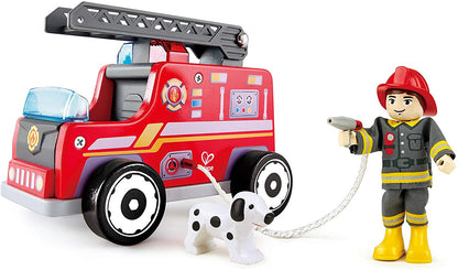 Hape Caminhão de bombeiros de madeira com bombeiro e cachorro