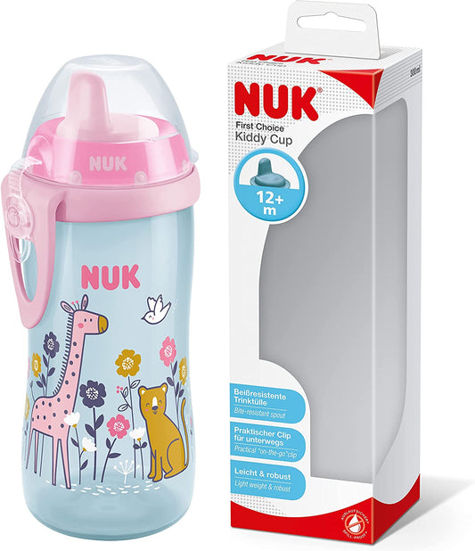 NUK Kiddy Cup Toddler Cup | 12+ Meses | 300ml | Bico temperado à prova de vazamento | Clipe e tampa protetora | Livre de BPA | Rosa