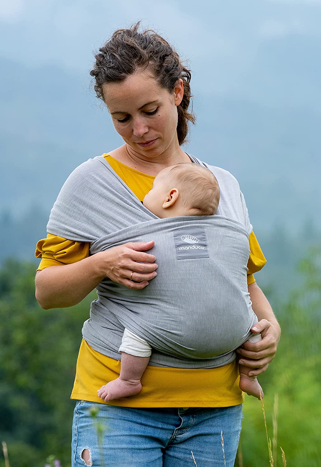 manduca Sling > Envoltório de bebê elástico e porta-bebês < Produto de algodão orgânico certificado GOTS para bebês, adequado para recém-nascidos e bebês desde o nascimento até 15 kg (cinza claro, 5,10m x 0,60m)