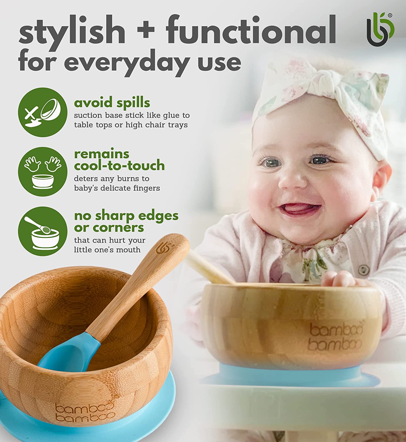 bamboo bamboo de Sucção Tigela para Bebê - de Bambu de Colher e Tigela Conjunto com Ventosa de Silicone Removível para Crianças | 350ml | Não Tóxico | Legal ao toque | Ideal para Baby-Led Weaning