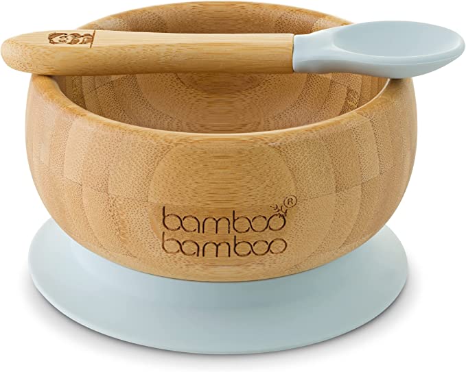 bamboo bamboo de Sucção Tigela para Bebê de Bambu de Colher e Tigela Conjunto com Ventosa de Silicone Removível para Crianças | 350ml | Não Tóxico | Legal ao toque | Ideal para Baby-Led Weaning