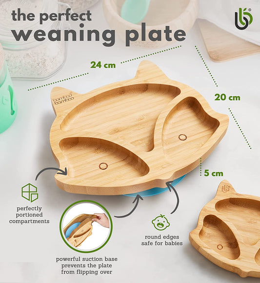Bamboo Bamboo Tabla de Bambú para Bebés - Niños y Niños con Ventosa para Bebés | No tóxico | Fresco al tacto | Ideal para el destete dirigido por el bebé (Fox, azul)