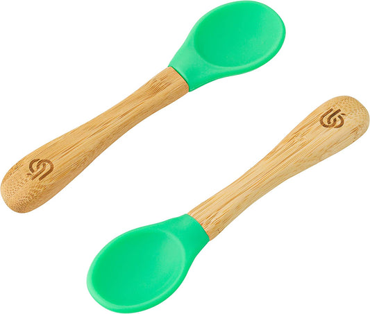 Cucharas de destete para bebés de bambú de bambú - Cucharas de bambú con puntas de silicona curvadas suaves para niños y bebés | Puntas de silicona extraíbles | Utensilios ideales para el destete del bebé (juego de 2, Verde)