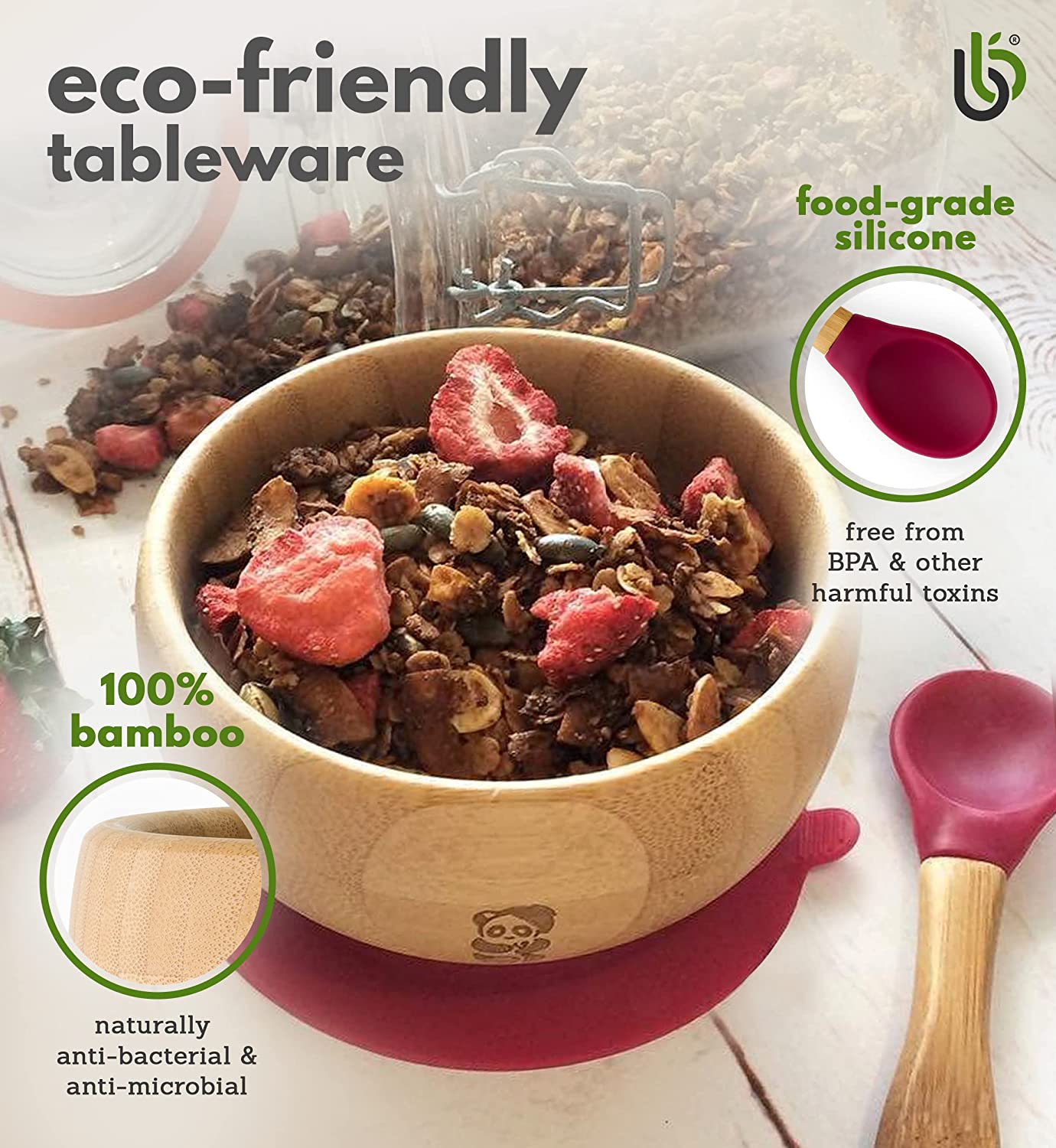 bamboo bamboo de Sucção Tigela para Bebê de Bambu de Colher e Tigela com Ventosa de Silicone Removível para Crianças | 350ml | Não Tóxico | Legal ao toque | Ideal para Baby-Led Weaning