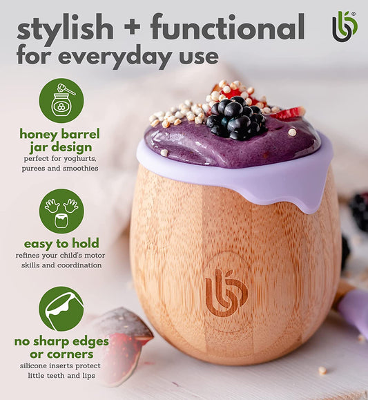 Bamboo Vaso Infantil de Bambú para Niños - Vaso de Bambú para Bebé de 150ml con Forro de Silicona | Taza de transición con sorbete | Taza de merienda | Ideal para el destete dirigido por el bebé | Promueve la bebida y la motricidad oral (Lila)