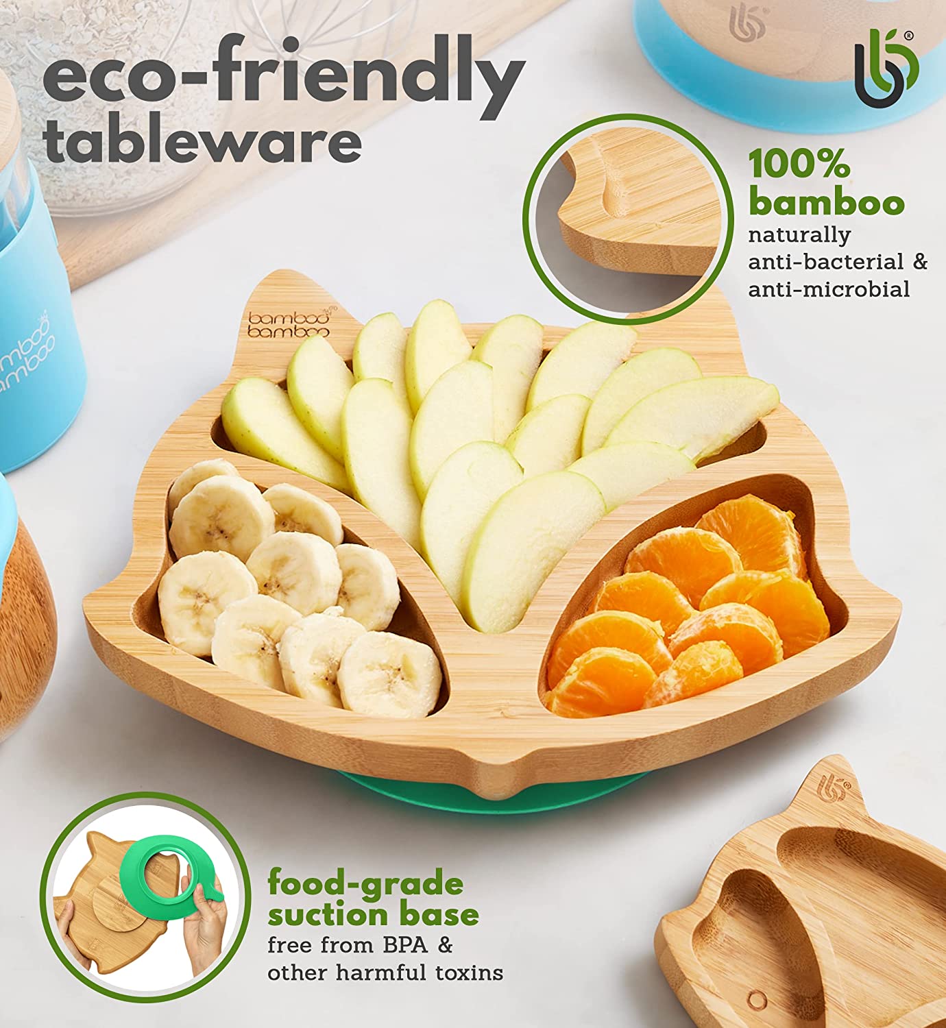 bamboo bamboo Placa de Bambu para Bebês – Crianças e Crianças com Ventosa para Bebês | Não Tóxico | Legal ao toque | Ideal para Baby-Led Weaning (Fox, Verde)