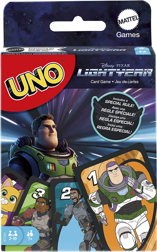 Disney Buzz LightYear UNO de cartas Jogo com baralho de patrulheiro espacial com tema de filme e regra especial, 7 anos ou mais