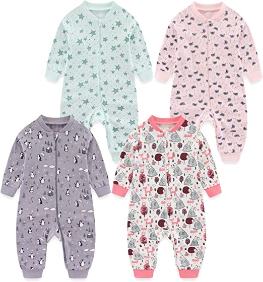 MAMIMAKA unissex para bebês Pijama recém-nascidos, pijama de algodão com zíper de 2 vias para dormir e brincar, pacote de 4,0 a 18 meses