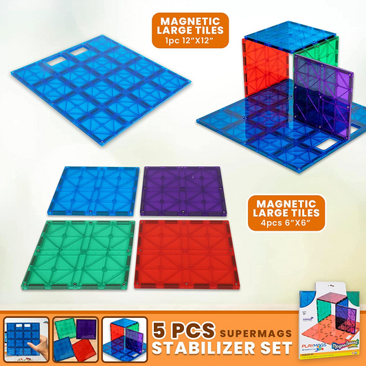 Playmags Conjunto de estabilizador de construção super durável – 5 placas magnéticas – ímã forte – ótimo complemento para todos os conjuntos de ladrilhos – funciona com todas as marcas líderes – inclui 1 a 12" x 12" e 4 a 6" x 6" (as cores podem variar)