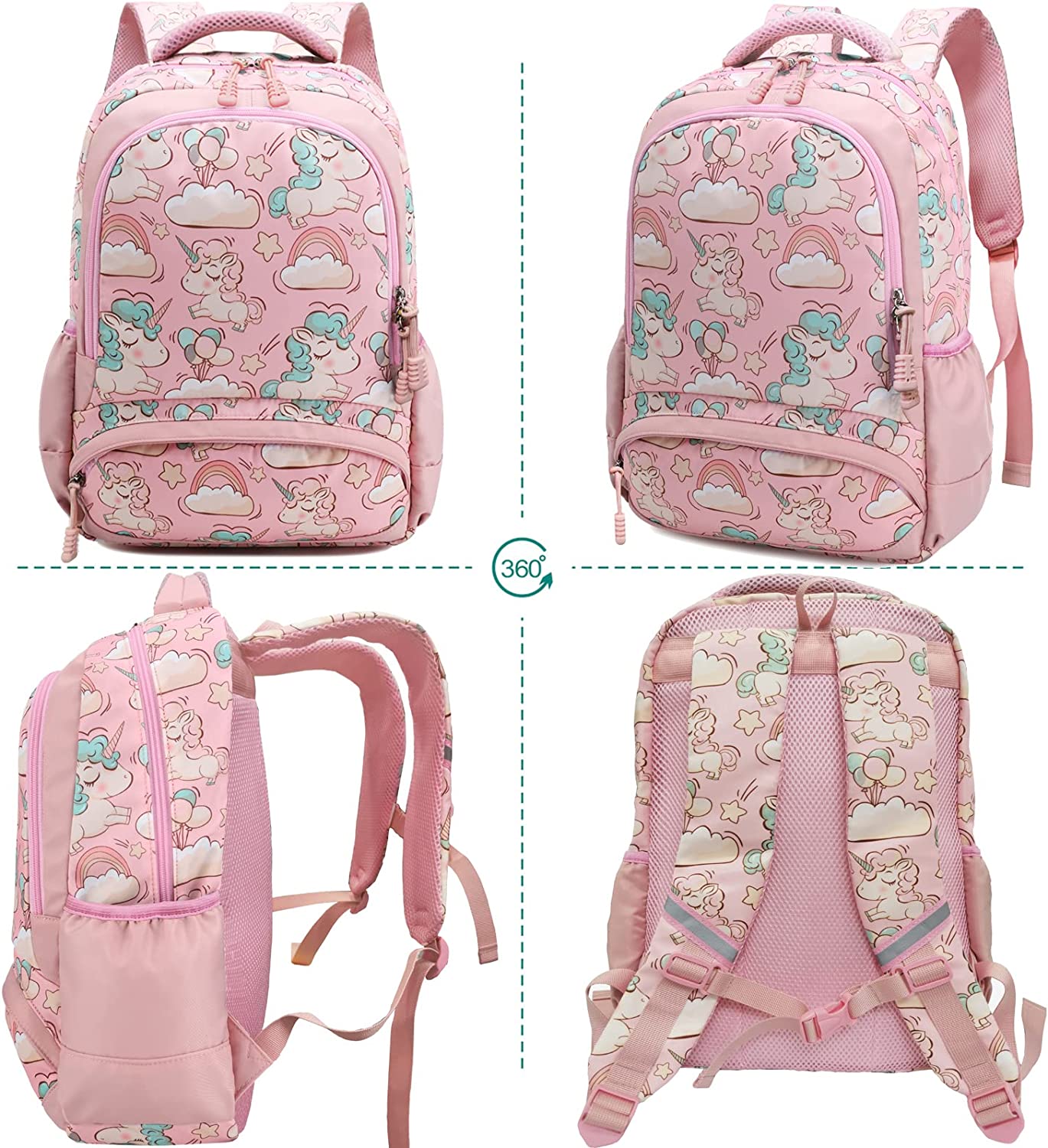Melsohua - Set Mochila con Lonchera y Estuche - Unicornio - Rosa 