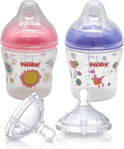 Nuby - Mamadeiras Anti-cólicas com Bicos de Silicone - Kit 4 peças - 180ml - 0-6 meses - Rosa/Roxo