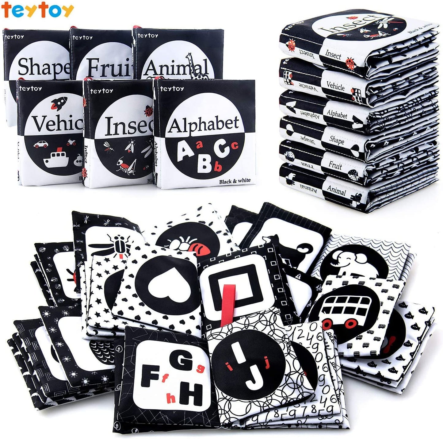 Teytoy - Livro Macio de Alto Contraste 6 peças- Preto e Branco - (6 meses+)