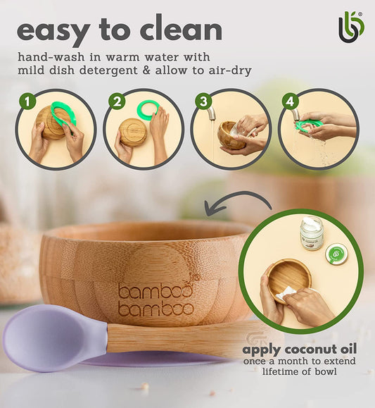 de bambú con ventosa, juego de cuchara y cuenco de bambú para bebé con ventosa de silicona extraíble para niños | 350ml | No tóxico | Fresco al tacto | Ideal para el destete dirigido por el bebé