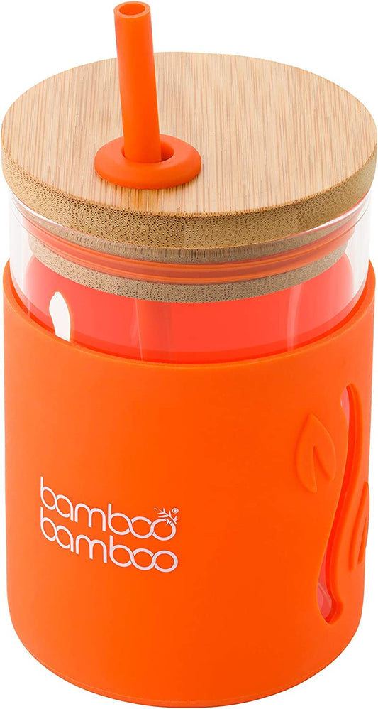 bamboo bamboo Copo infantil com canudo e tampa – Copo infantil de vidro de 350 ml com capa de silicone resistente a impactos | Copo de Transição | Ideal para leite, suco, água ou smoothies