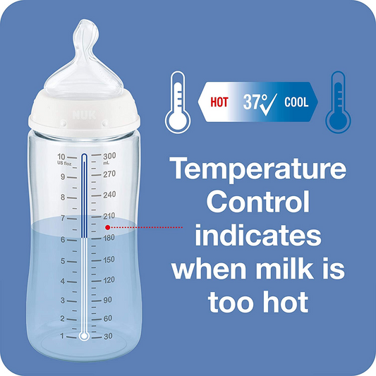 NUK First Choice+ de mamadeiras Conjunto | 0-6 Meses | Controle de temperatura | Tetina de Silicone | ventilação anti cólica | Livre de BPA | 300ml | Corações (Branco) | 3 contagem