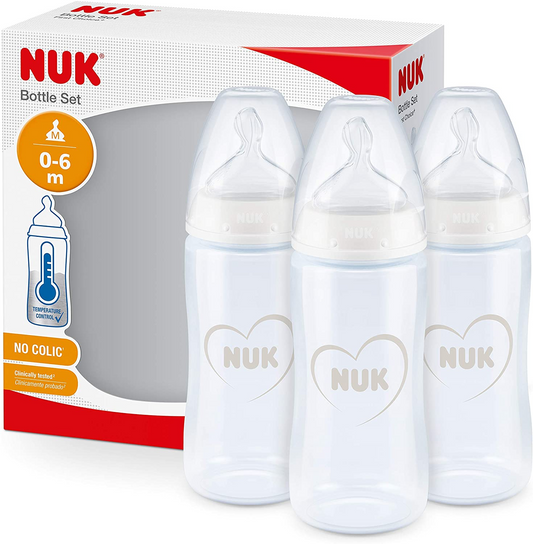 NUK First Choice+ de mamadeiras Conjunto | 0-6 Meses | Controle de temperatura | Tetina de Silicone | ventilação anti cólica | Livre de BPA | 300ml | Corações (Branco) | 3 contagem
