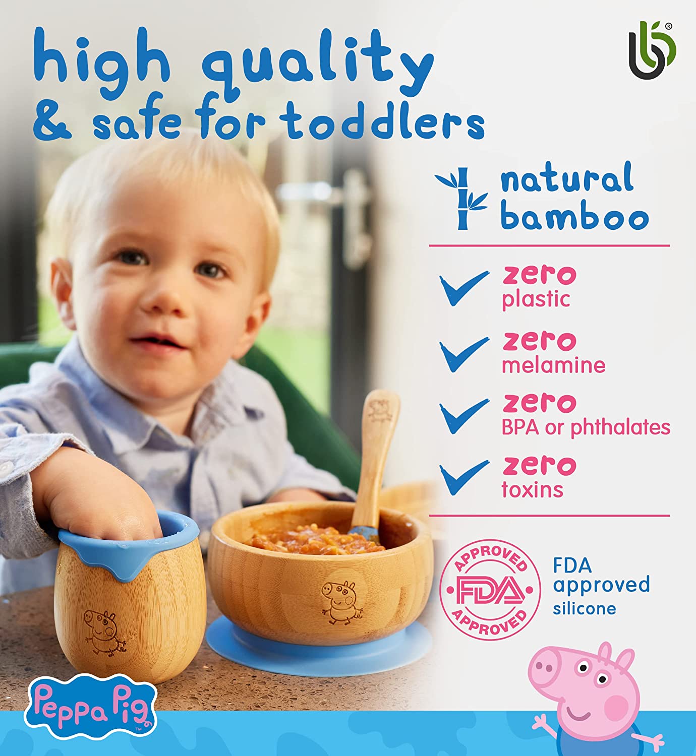 Peppa Pig de Sucção Tigela para Bebê -Bebê de Tigela e Colher para Conjunto de Bambu com Ventosa de Silicone Removível para Crianças | 350ml | Não Tóxico | Legal ao toque | Ideal para Baby-Led Weaning (George Pig)