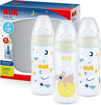 NUK First Choice+ Brilha no Escuro Kit de Mamadeiras Anti-Cólica com Controle de Temperatura 6 a 18 meses 3x 300ml