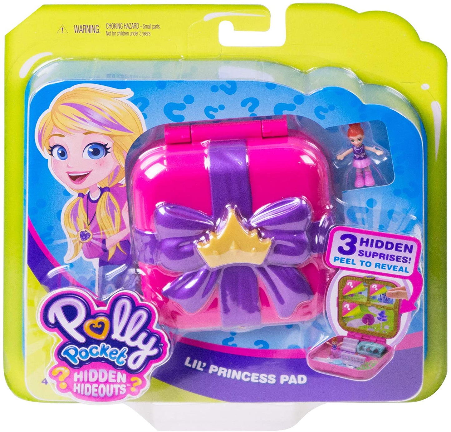 Polly Pocket GDK80 Esconderijos Escondidos Almofada de Princesinha com 3 frisos, 3 acessórios, 1 boneca Micro Lila e folha de adesivos