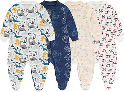 MAMIMAKA unissex para bebês Pijama recém-nascidos, pijama de algodão com zíper de 2 vias para dormir e brincar, pacote de 4,0 a 18 meses