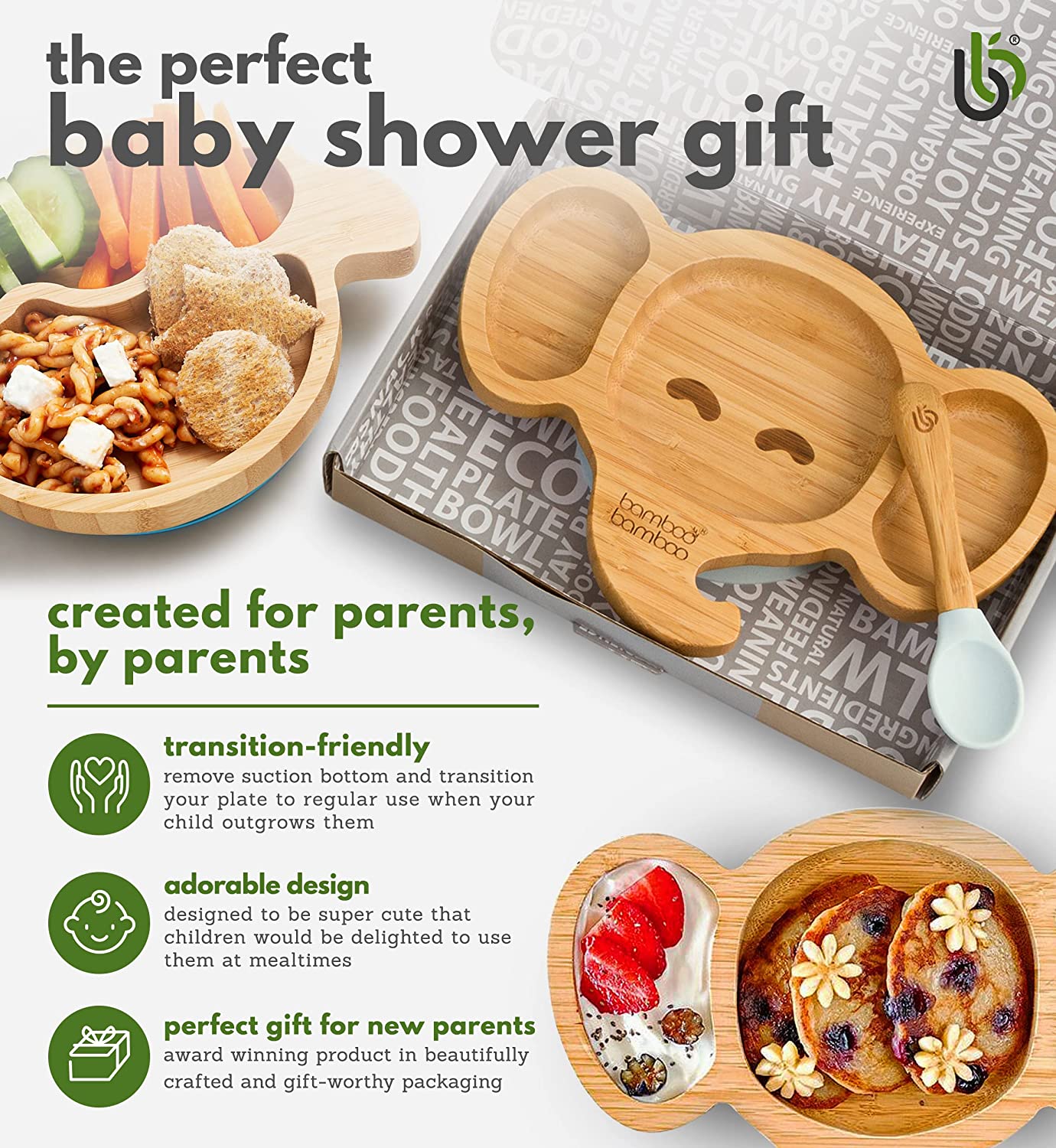 bamboo bamboo - Placa de Bambu para Bebês – Crianças e Crianças com Ventosa para Bebês | Não Tóxico | Legal ao toque | Ideal para Baby-Led Weaning (Elefante, Cinza)