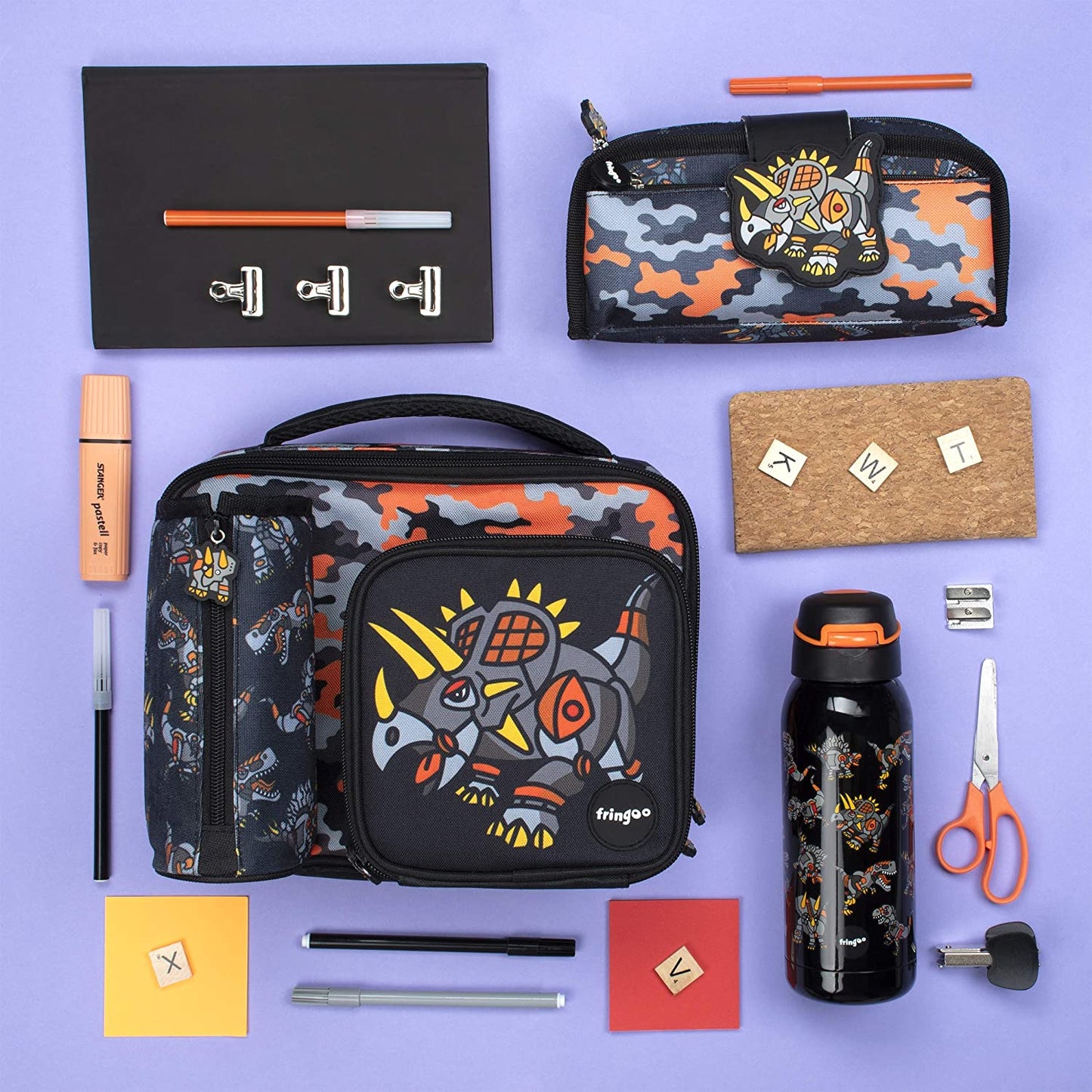 Fringoo - de grande capacidade crianças de almoço quadrado para Saco| Pequena bolsa legal lancheira para crianças | Perfeito como lancheira escolar para meninos - dinossauro robô