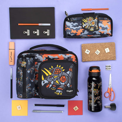 Fringoo - de grande capacidade crianças de almoço quadrado para Saco| Pequena bolsa legal lancheira para crianças | Perfeito como lancheira escolar para meninos - dinossauro robô