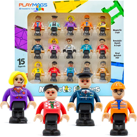Playmags Figuras magnéticas - Figuras comunitárias Conjunto de 15 peças - Play People Perfeito para ladrilhos magnéticos - Brinquedos de aprendizagem STEM Crianças - Pacote de expansão de ladrilhos magnéticos - Compatível com outras marcas