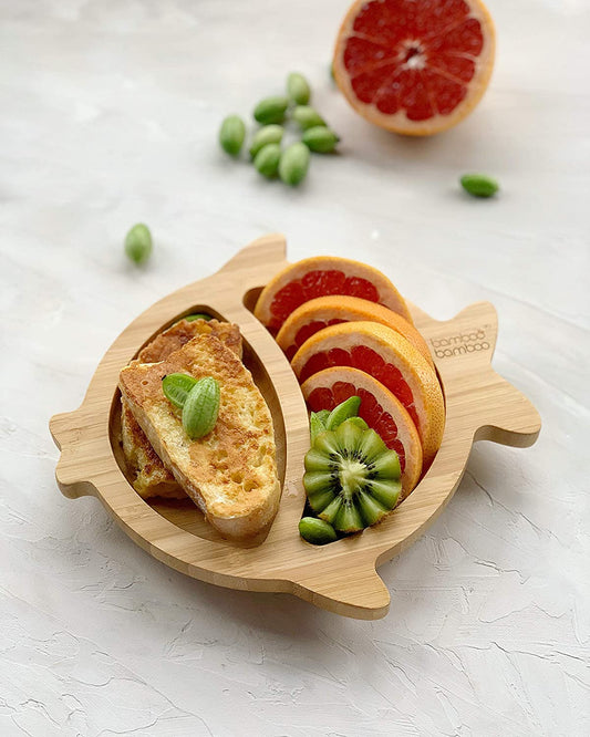 Bamboo Bamboo Tabla de Bambú para Bebés - Niños y Niños con Ventosa para Bebés | No tóxico | Fresco al tacto | Ideal para el destete dirigido por el bebé (pescado, naranja)