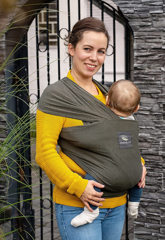 manduca Portabebés > Oliva < Portabebés elástico con certificado GOTS 100% algodón orgánico 3 instrucciones de fijación (portabebés, portabebés, portabebés) para recién nacidos y bebés desde el nacimiento