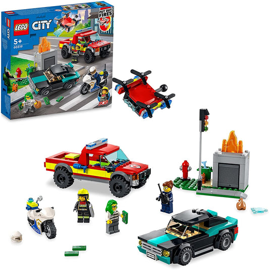 LEGO 60319 City Resgate de Bombeiros e Perseguição Policial com Caminhão, Carro e Moto