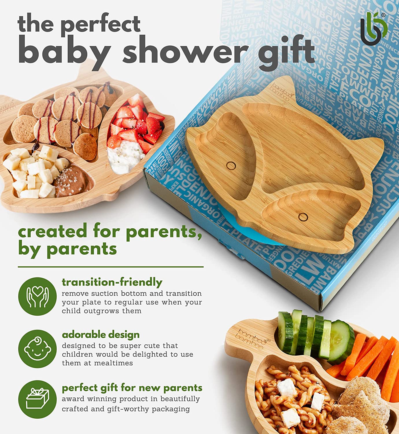 bamboo bamboo Placa de Bambu para Bebês – Crianças e Crianças com Ventosa para Bebês | Não Tóxico | Legal ao toque | Ideal para Baby-Led Weaning (Fox, Azul)