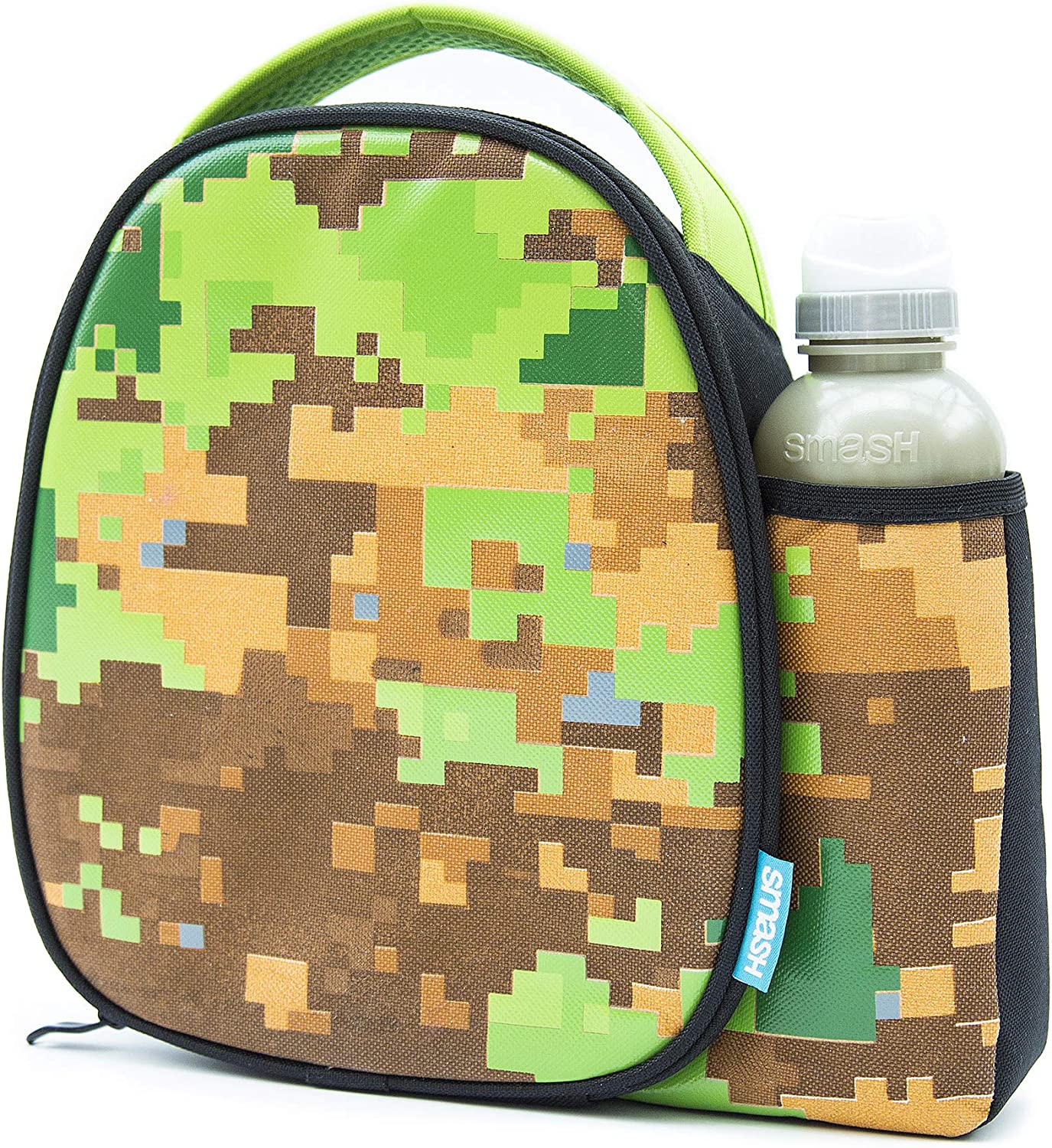 Smash isolada e garrafa de Lancheira 500 ml, tecido, camuflagem pixelizada, 8,5 cm x 25,5 cm x 25 cm
