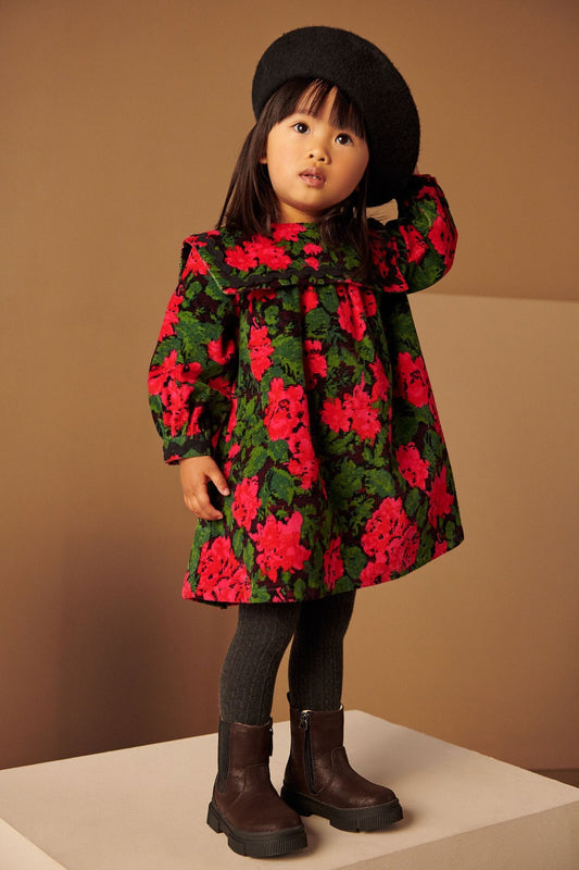 |BabyGirl| Vestido com Gola de Cordão Estampado Floral - Vermelho - (3meses-7anos)