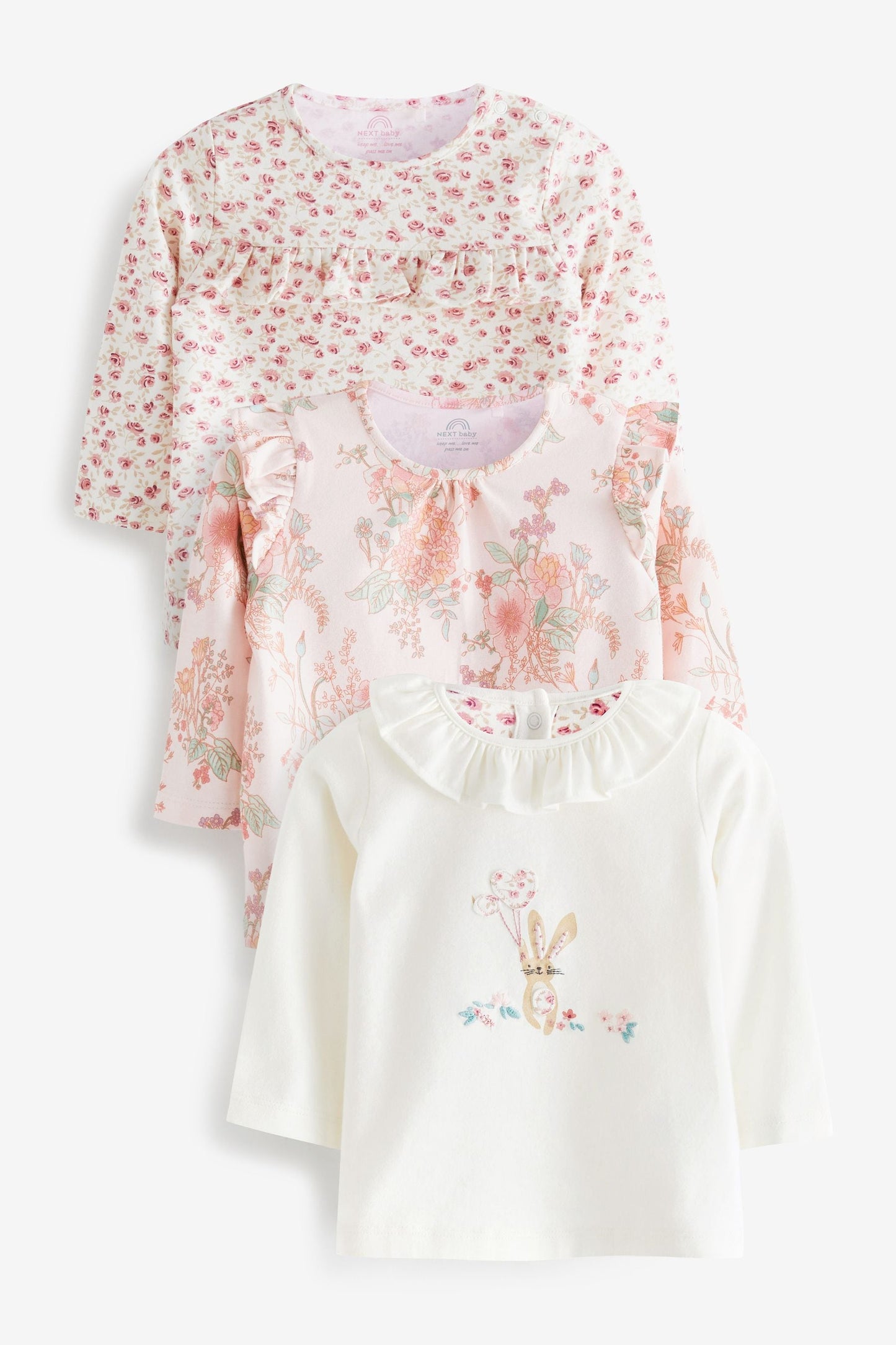 |BabyGirl| Conjunto de Camisetas Manga Longa - Kit 3 peças - Coelhinho Rosa/Floral - (0meses-2anos)