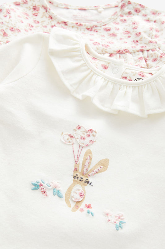 |Niña| Conjunto de camiseta de manga larga - Kit de 3 piezas - Rosa conejito/Floral - (0 meses-2 años)