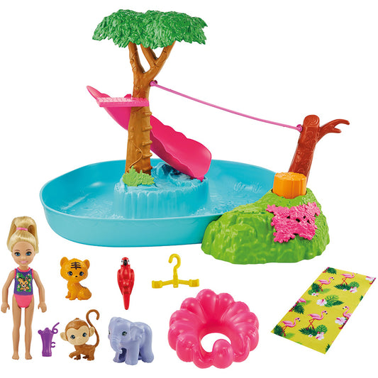Conjunto de jogos surpresa de aniversário da Barbie Chelsea Jungle River