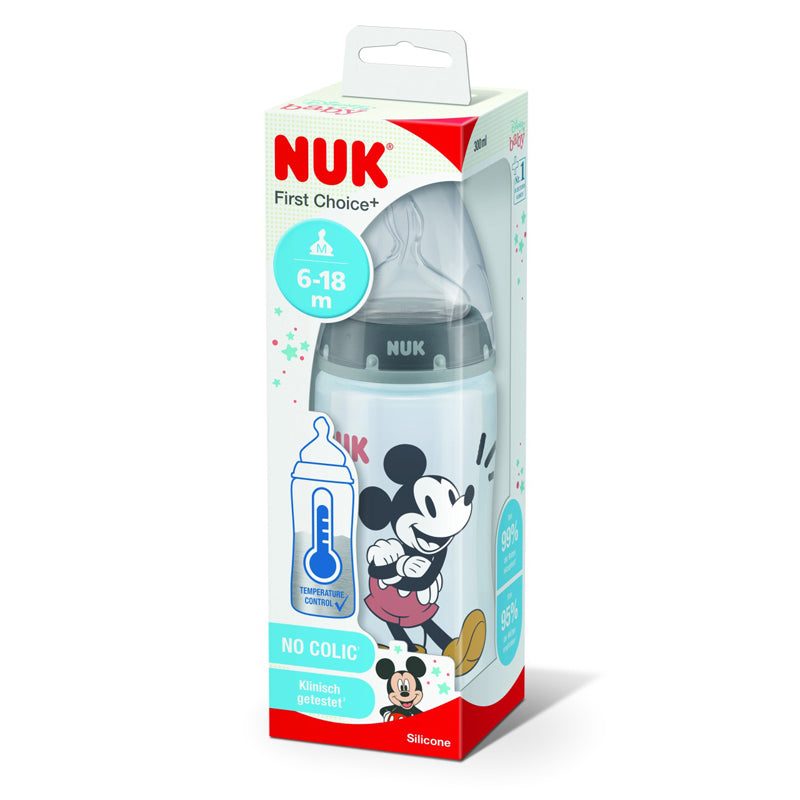 NUK First Choice - Mamadeira com controle de temperatura Disney Cinza  - 300ml