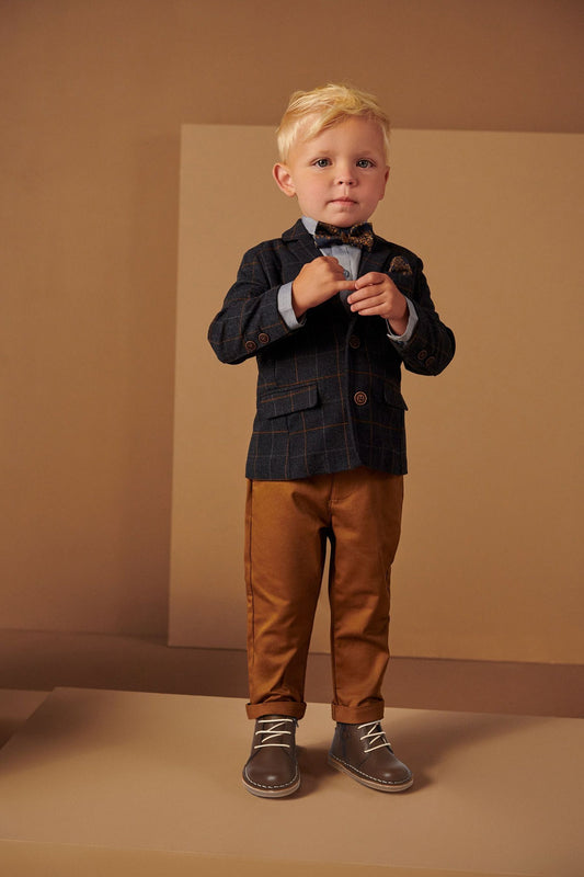 |BabyBoy| Conjunto Blazer, Camisa, Calça e Gravata Borboleta Xadrez Heritage - Azul Marinho (3 meses-7anos)