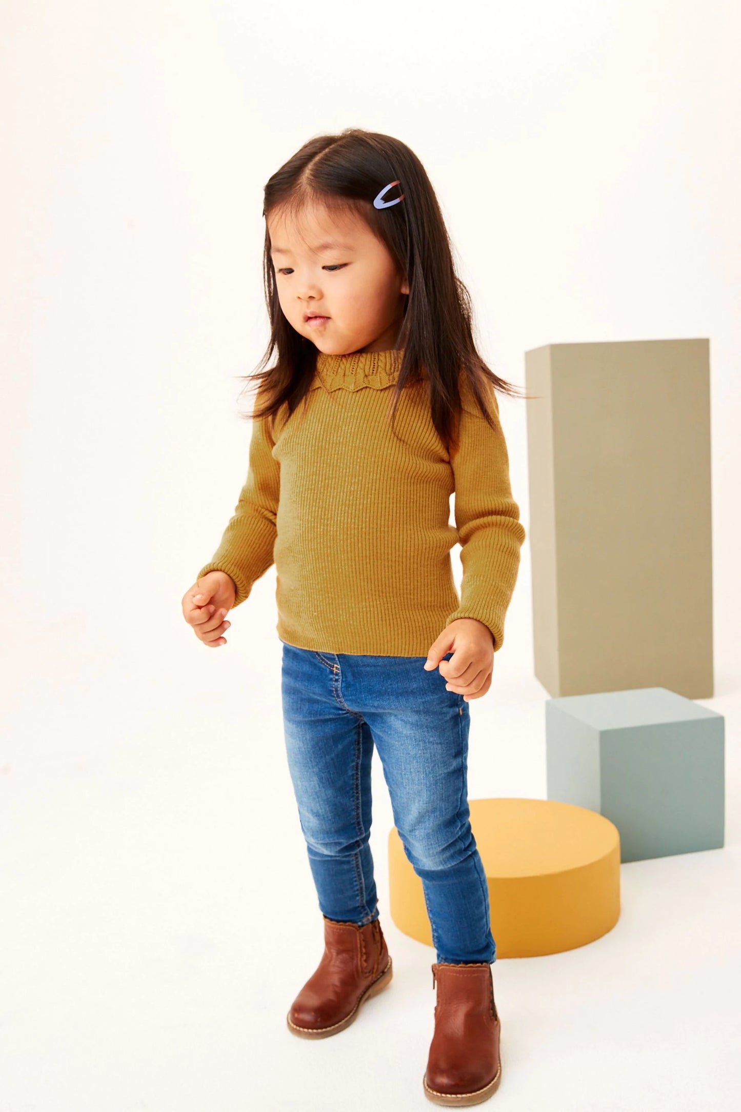 |BabyGirl| Suéter com Gola Bordada - Amarelo Ocre - (3meses-8anos)