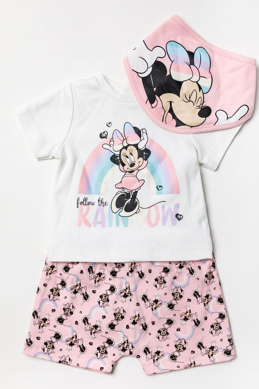 Disney - Conjunto de top, shorts e babador rosa Minnie Mouse arco-íris