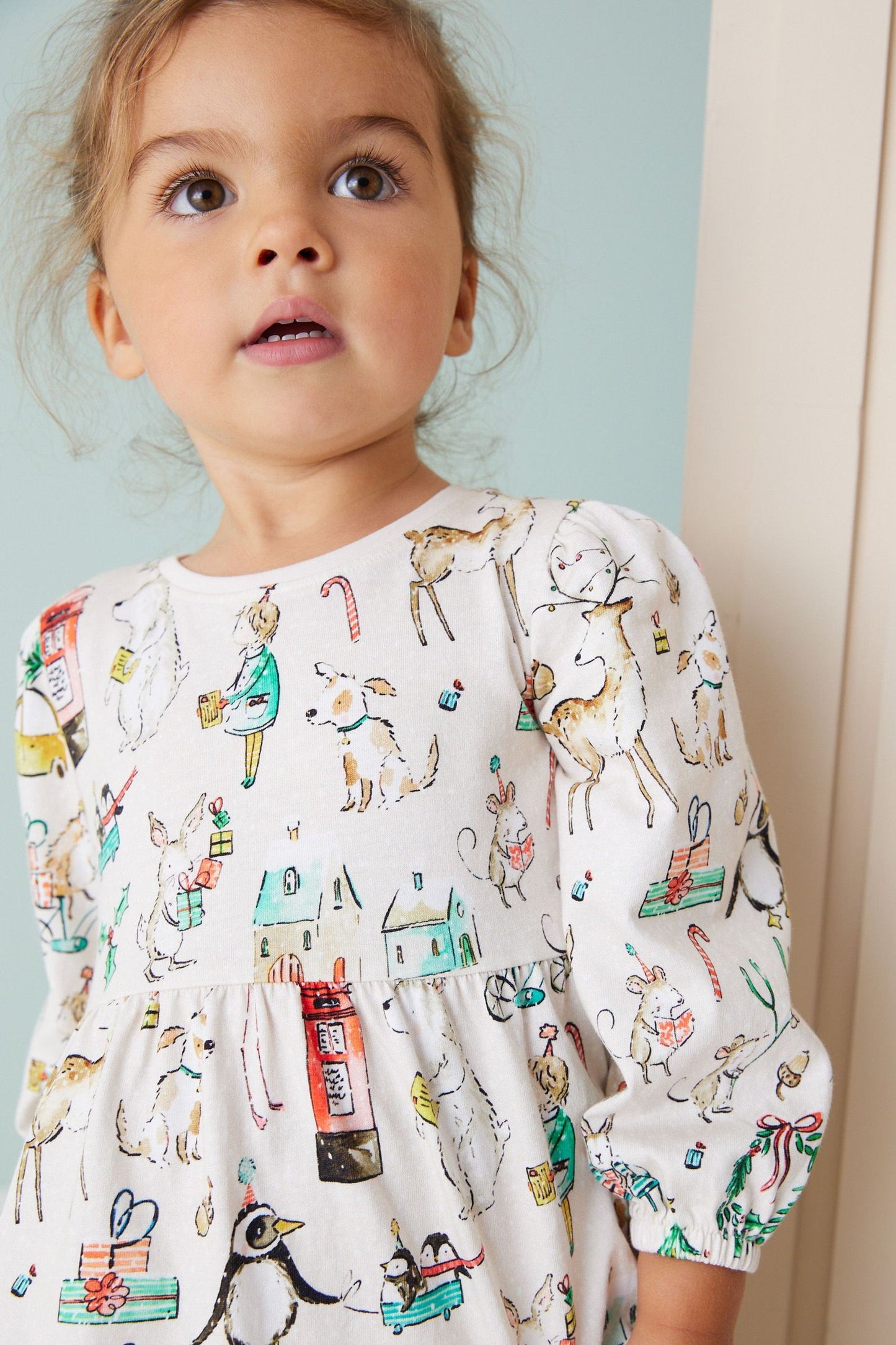 |BabyGirl| Vestido Estampa de Natal - Creme - (3meses-7anos)