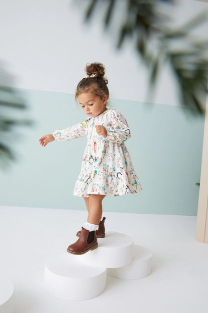 |BabyGirl| Vestido Estampa de Natal - Creme - (3meses-7anos)