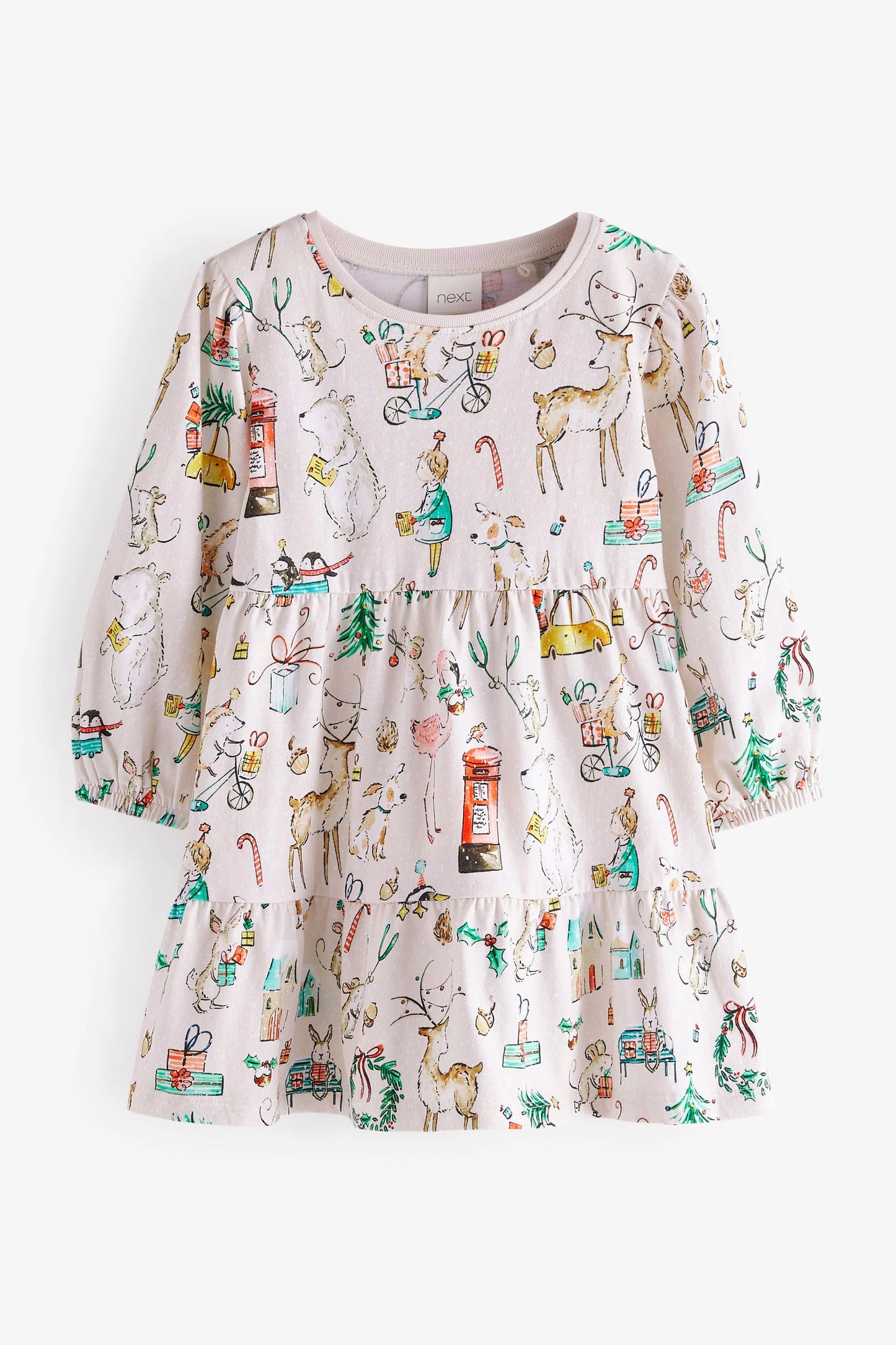 |BabyGirl| Vestido Estampa de Natal - Creme - (3meses-7anos)